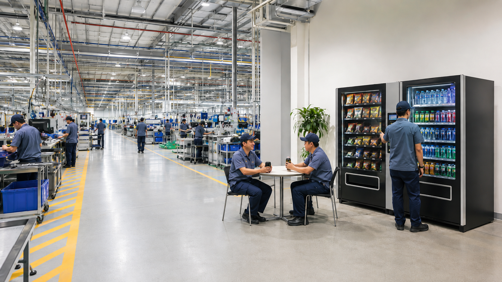 Factory production floor with operators and vending machines