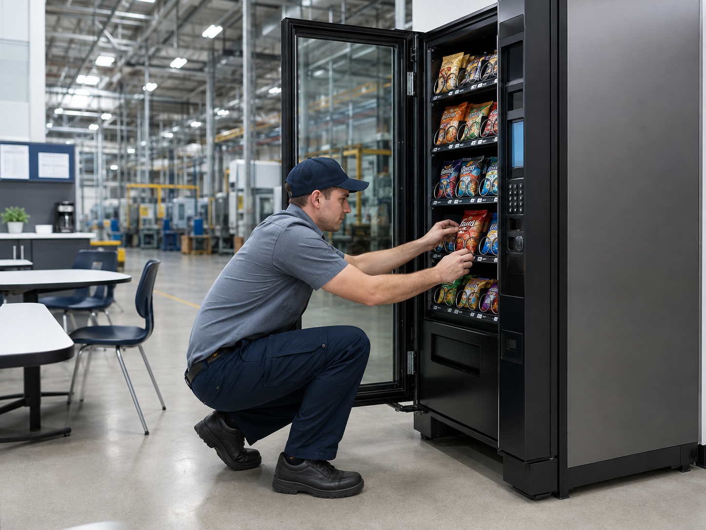 Factory operator replenishing a vending machine