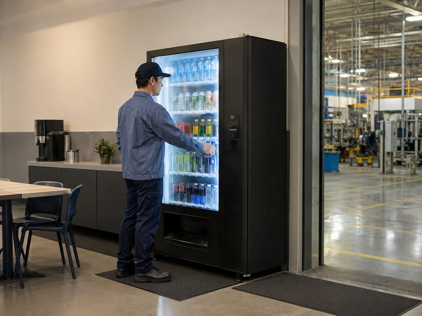 Factory operator using a beverage vending machine